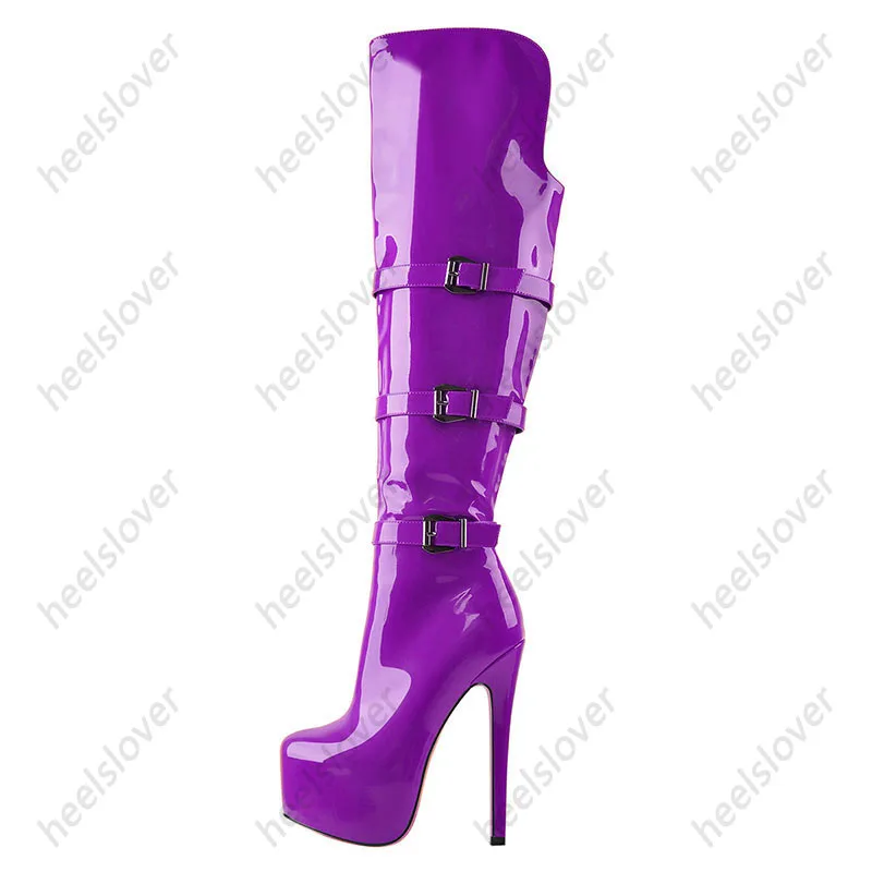 Women Handmade Winter Over Knee Boots Patent Side Zipper Stiletto Heels Round Toe Gorgeous Red Party Shoes Ladies US Size 5-20