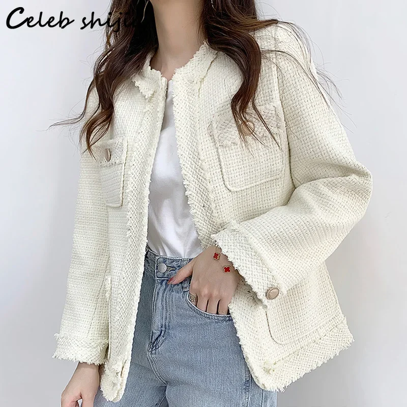 Beige Chic Thicken Tweed Jacket Women Pocket Golden Button Knitted Coats Female O-neck Elegant Winter Fall Outerwear Ladies