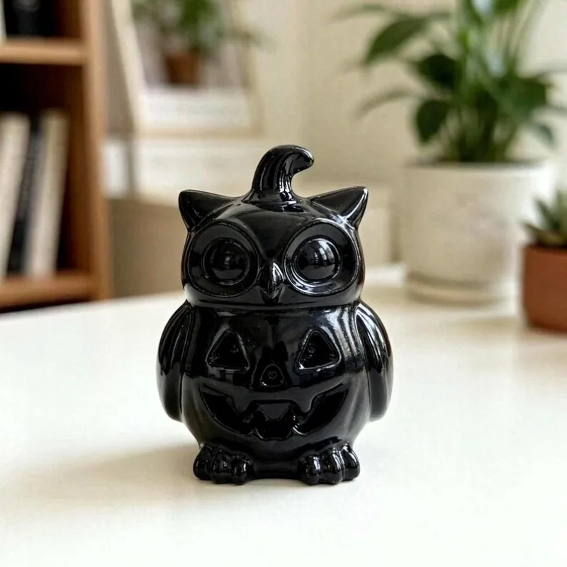 Natural Crystal Owl Pumpkin Hybrid Statue Halloween Desktop Decoration Collectible Craft Gift for Home Party Decor