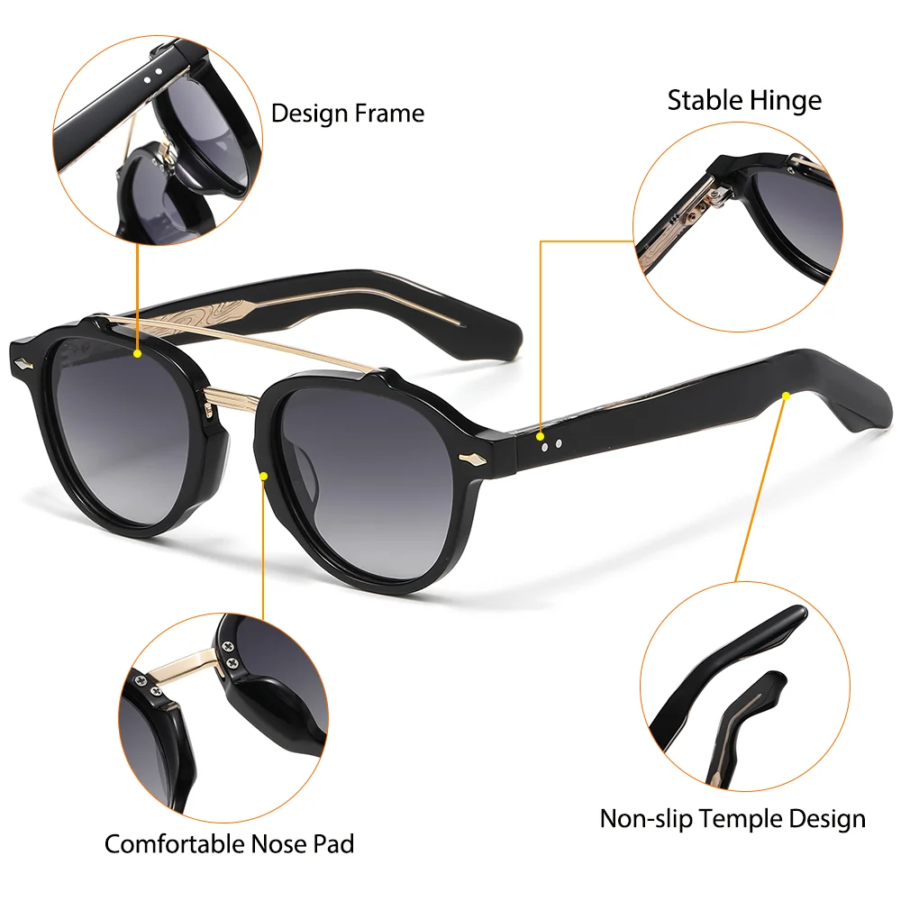 CATERSIDE Neue polarisierte Sonnenbrille für Herren, Acetatrahmen, flaches Design mit doppeltem Brückenbogen, modische dekorative Damenbrille, UV400 – Detail 3