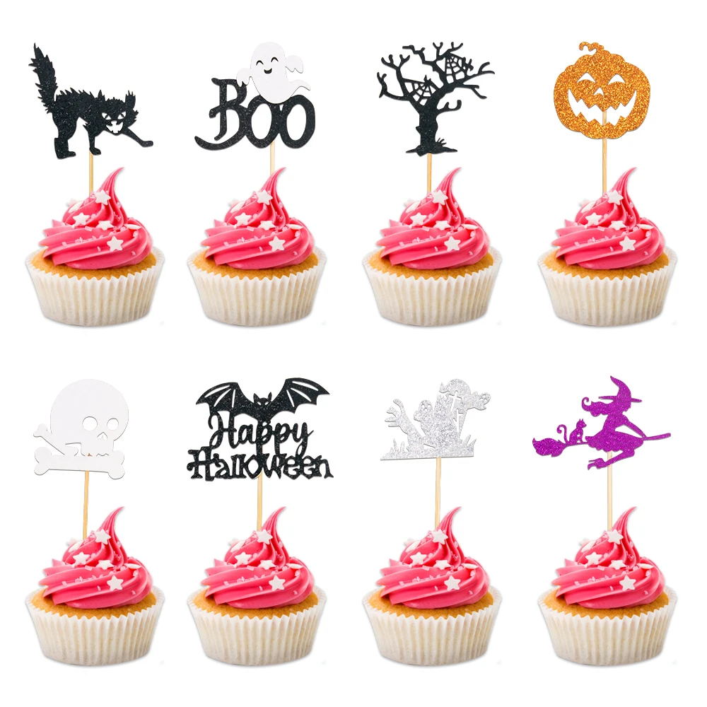 

8/16pcs Halloween Cupcake Toppers Pumpkin Ghost Pattern Glitter Dessert Cake Decorations Kids Halloween Birthday Party Supplies