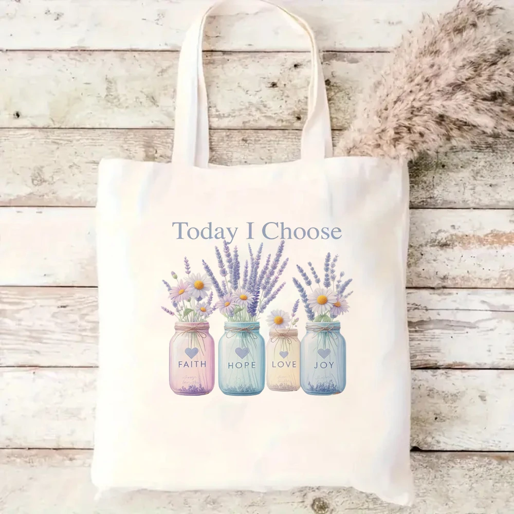 

Today I Choose Canvas Tote Bag Lavender Mason Jar Purple Flowers Rustic Aesthetic Beach Travel Handbag Reusable Shoulder