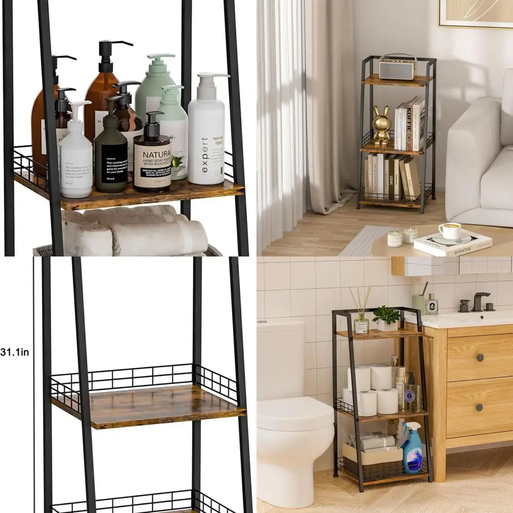 

Classic 3-Tier Wooden Shelf with Metal Frame, Vintage Bathroom Storage Organizer for Home Use