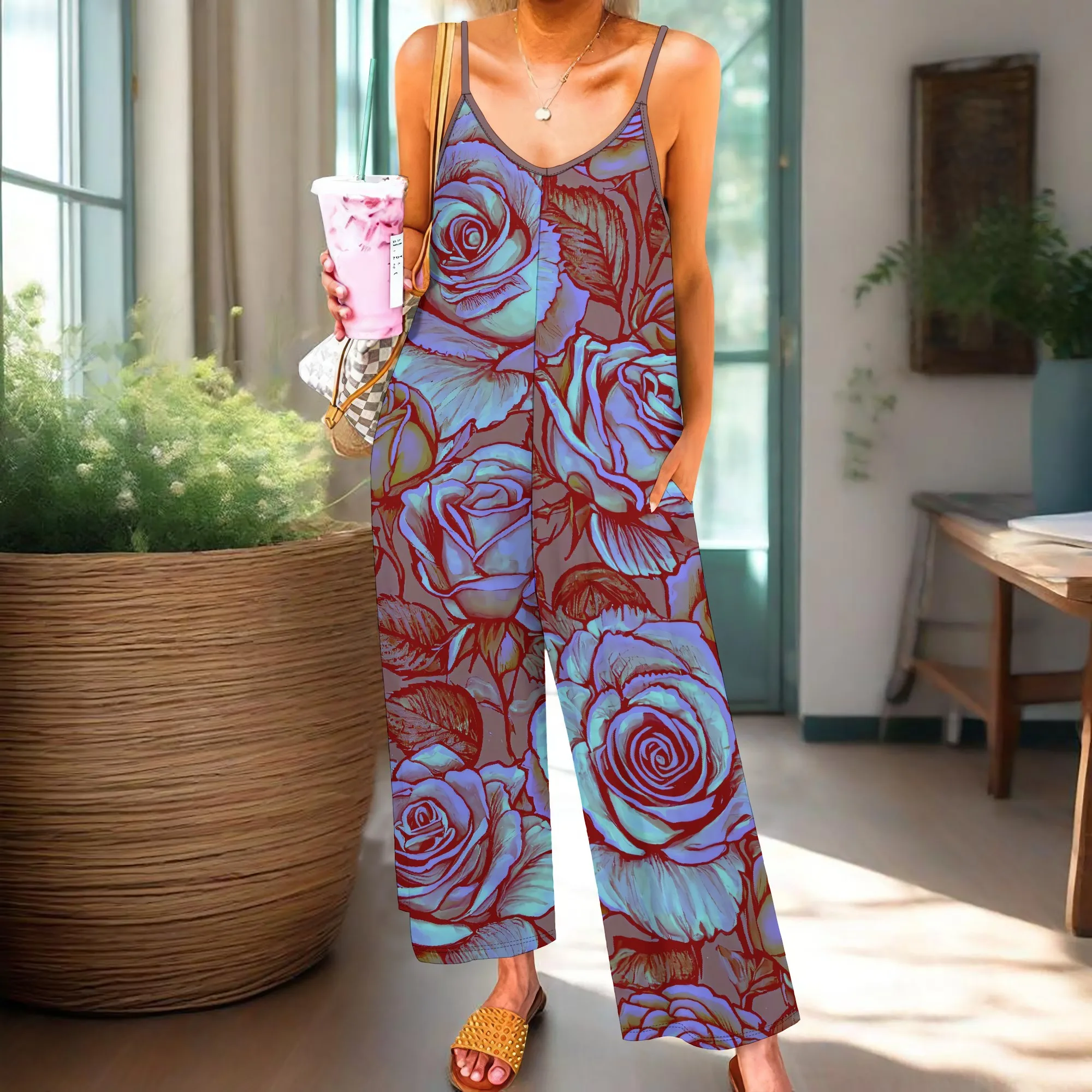 EQQZD Women's Black Spaghetti Strap Pocket Jumpsuit Polyester Wide-Leg Ankle Casual Summer Trendy