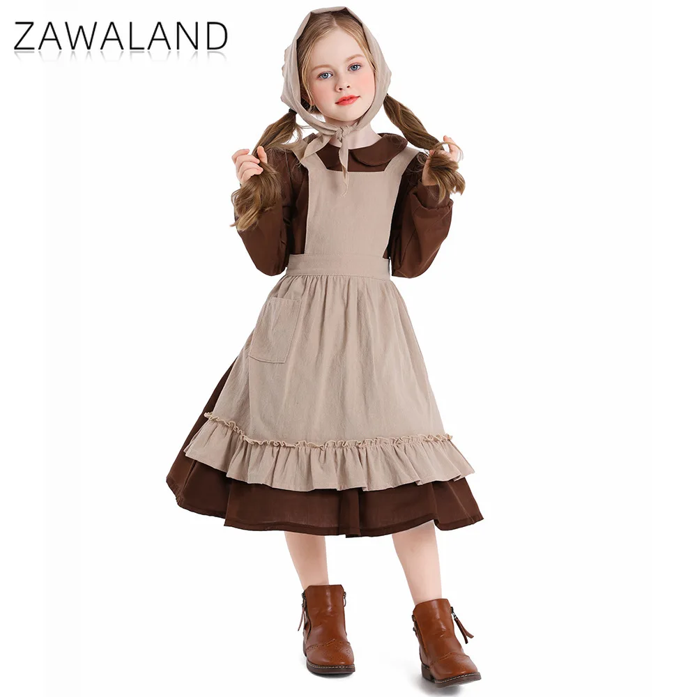 فستان القهوة بلون سادة، فساتين تنكرية للخادمة بأكمام طويلة مع مريلة لمرحلة الأداء، مجموعة المزرعة، ملابس لطيفة للحفلات