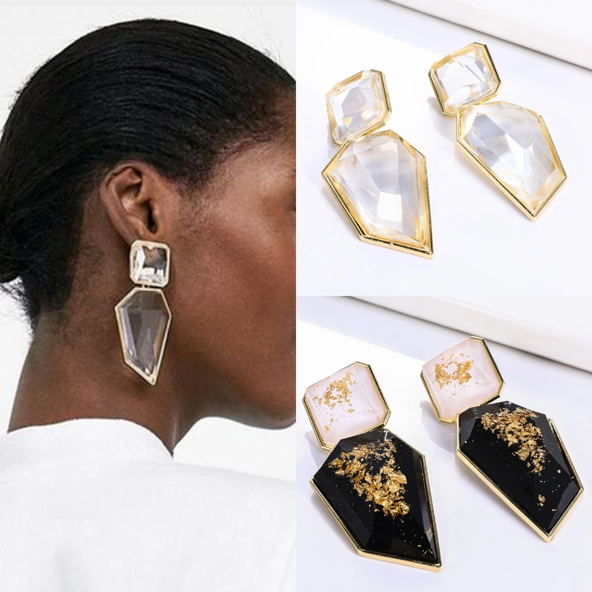 

Modern Women's Earrings 2024 Aesthetic Jewelry Geometric Long Big Black Clear Crystal Resin Stone Dangle Drop Statement Earrings