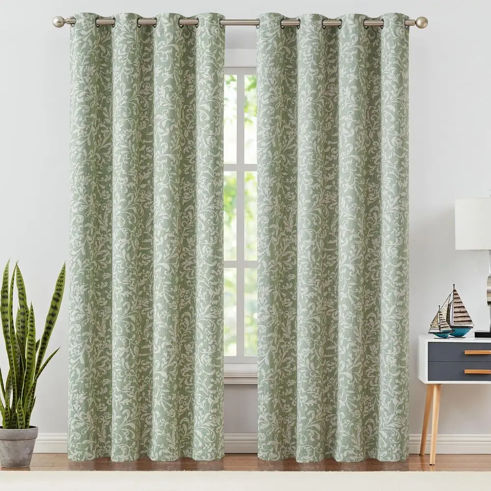 Cortinas florais de rolagem verde, 108 painéis de ilhó longos e isolados para sala de estar e quarto