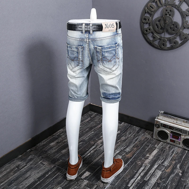 2024Summer New Ripped American Denim Shorts Men's Retro Light Blue Nostalgic Distressed Street Tide BrandinsPirate shorts