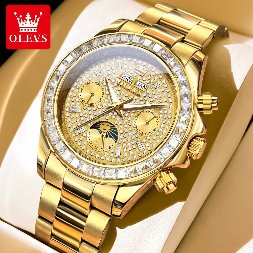 OLEVS 7038 Orologio meccanico automatico da uomo originale di lusso Calendario impermeabile 24 ore con fasi lunari Orologio da uomo con diamanti HD di marca Reloj