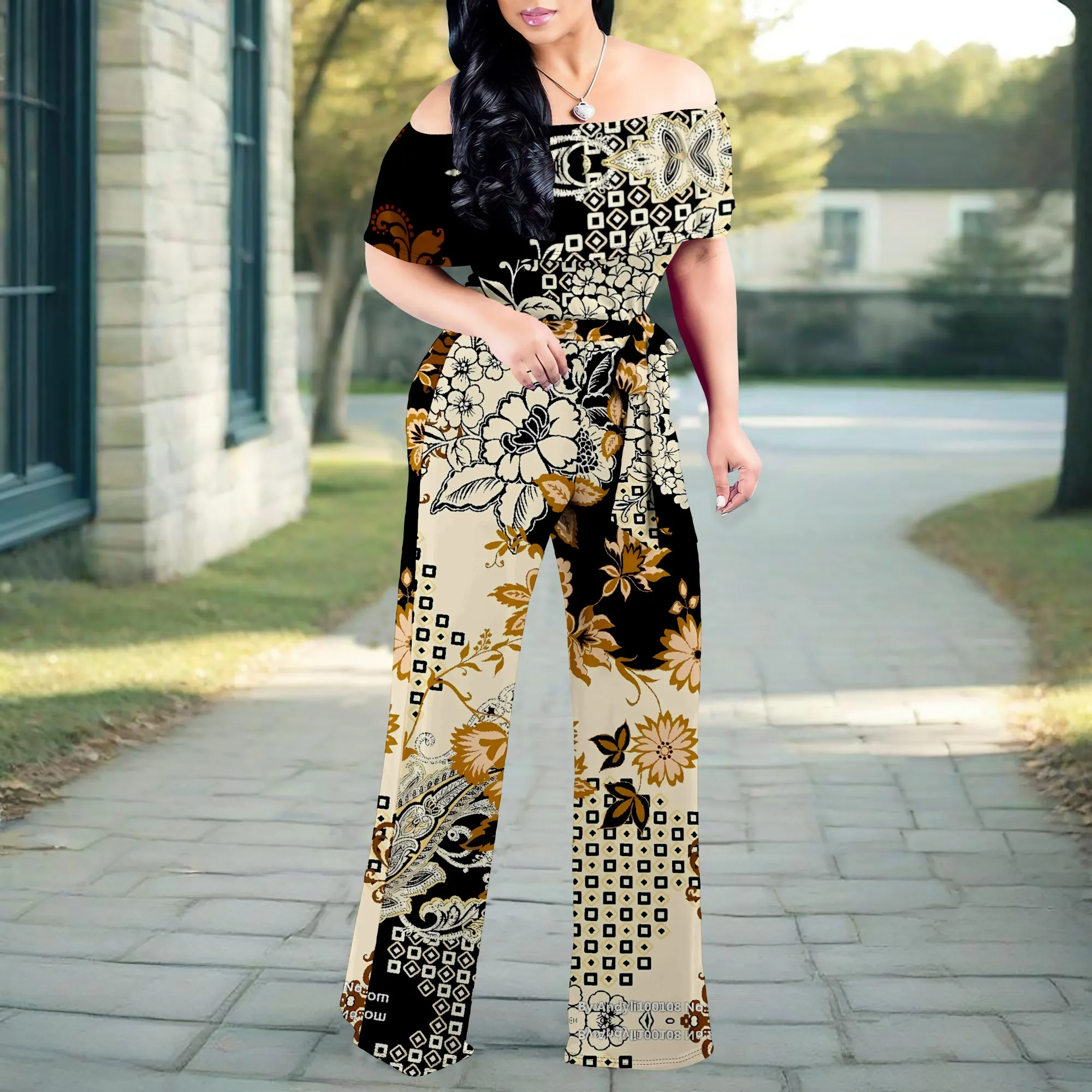 Yellow Retro Floral Print Off Shoulder Wide Leg Jumpsuit Women Summer Casual Romper