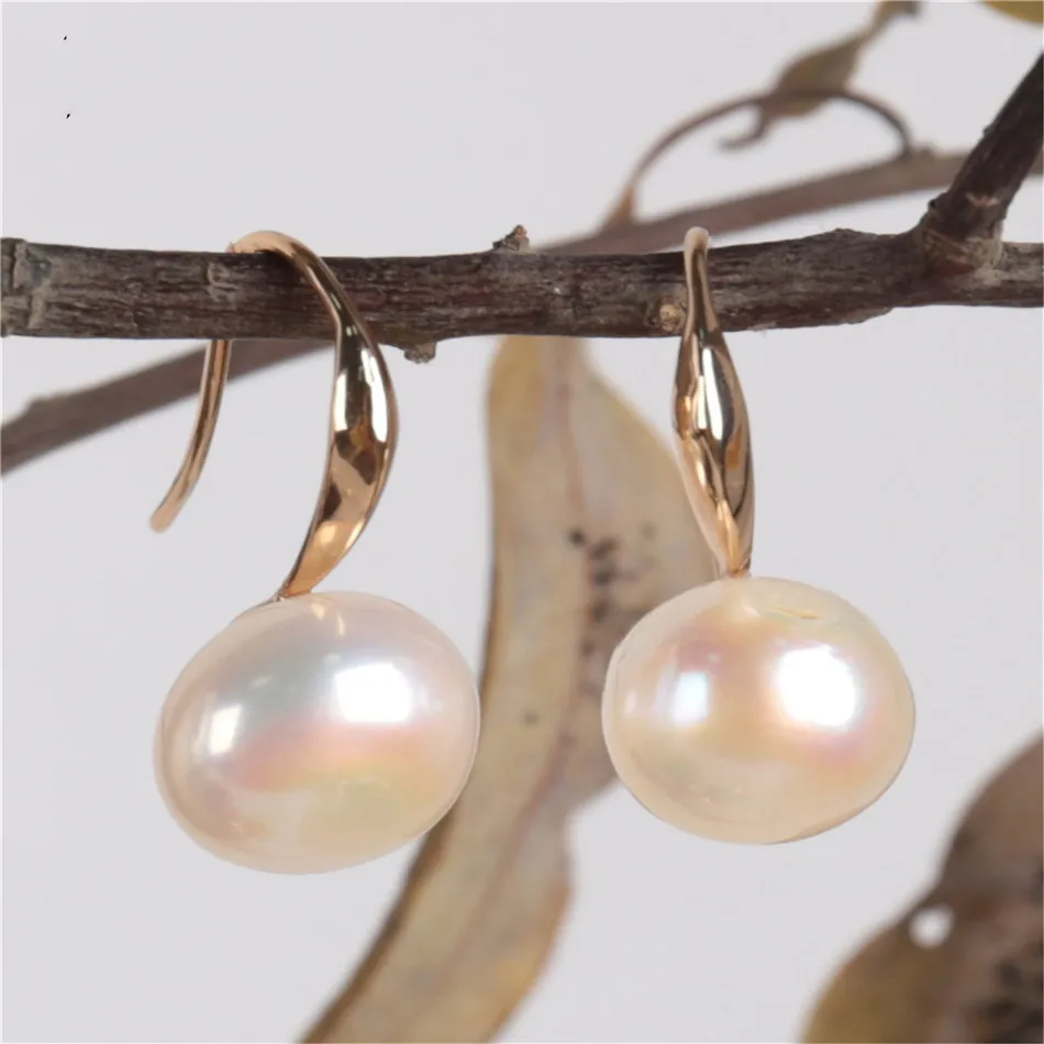 

Handmade Freshwater White round Baroque Pearl Earring 18K Earbob Dangling Wedding Clip-on