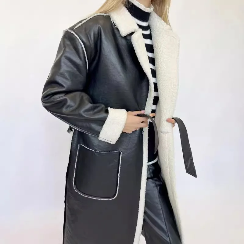 

2025 Autumn Winter Turn-Down Collar PU Leather Women Long Jacket Thick Warm Outerwear Solid Belt Streetwear Women Coats