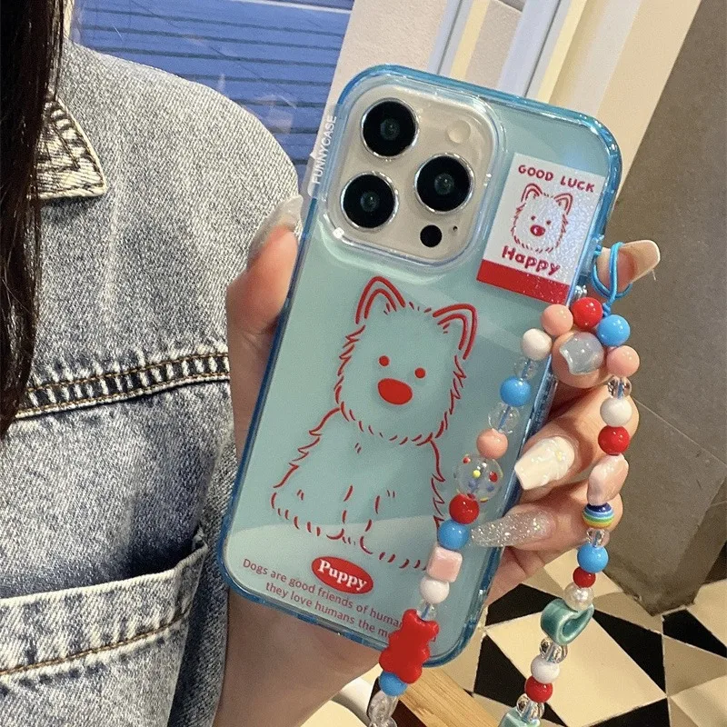 Korean Cute Dog West Highlands Summer Ice Blue Case For iPhone 15 14 13 12 Pro Max 11 Lovely Puppy Shockproof Soft Clear Cover