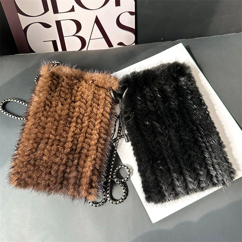 Women's Fur Mobile Phone Bag Autumn and Winter Mink Knitted Mobile Phone Bag Fashion Shoulder Bag High Quality Women's Fur Bag