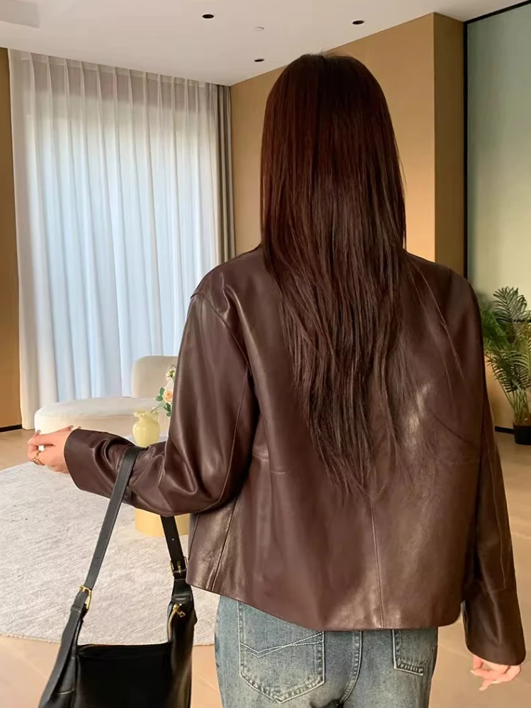 Vintage Genuine Leather Cropped Jacket for Women Spring Autumn 2025 New High-end Simple Single Breasted Soft Real Sheepskin Coat
