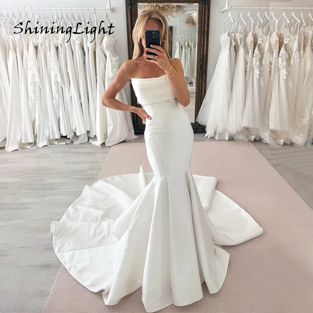 

ShiningLight Strapless Mermaid Wedding Dresses for Women Sleeveless Elegant Satin Bridal Gowns Robe De Mariee Customized