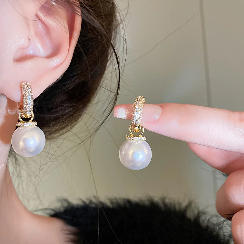 Pendientes de Aro Redondos con Perlas de Imitación Chapados en Oro para Mujer, Elegantes con Incrustaciones de Circonio, Joyería para Bodas y Banquetes, Regalo F