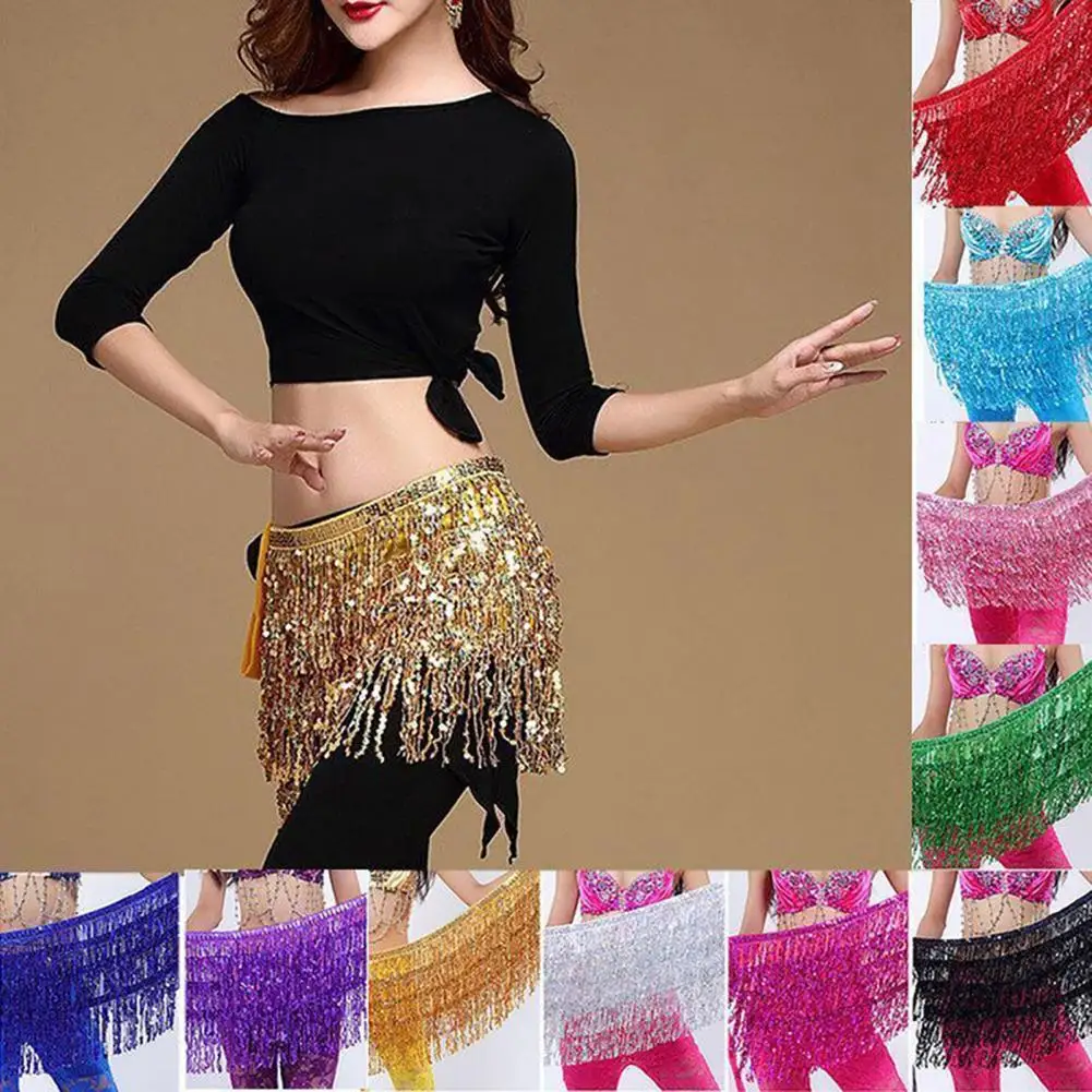 190cm Sequins Belly Skirt Belly Dance Hip Scarf Adults Kids Belly Dance Hip Skirt Tassel Scarf Sequin Wrap Rave Tassel Skirts