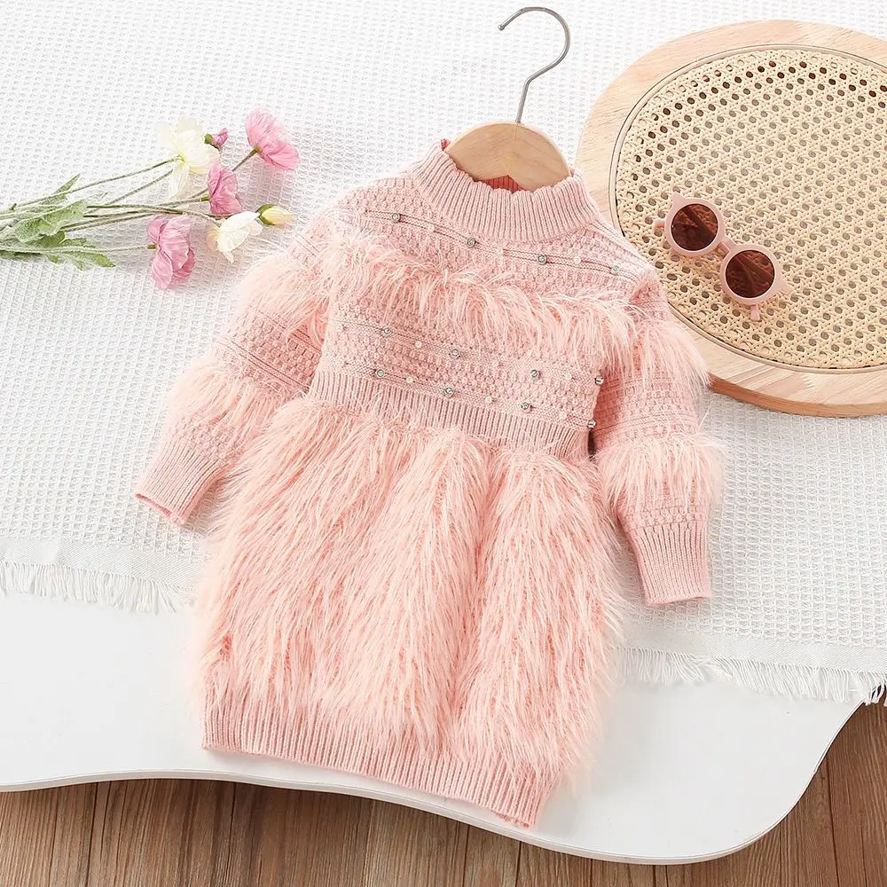 Korean Toddler Girl Knit Dress Autumn Winter Beaded Sweater Dress Kids Warm Fuzzy Yarn Dress Fashion Children Clothing