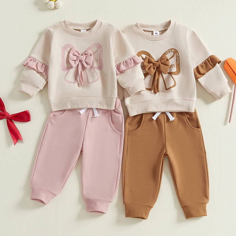 0-3Y Baby Girls 2-piece Outfit Set Long Sleeve Crew Neck 3D Bow Decor Sweatshirt Tops with Elastic Waist Sweatpants Fall Clothes