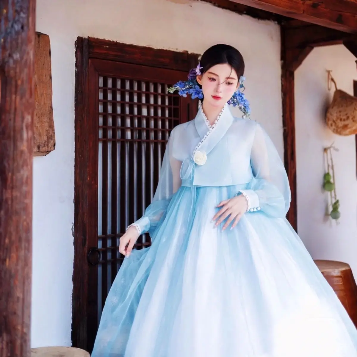 

New hanbok Korean women's court dress in blue daily ethnic style clothing for travel photography