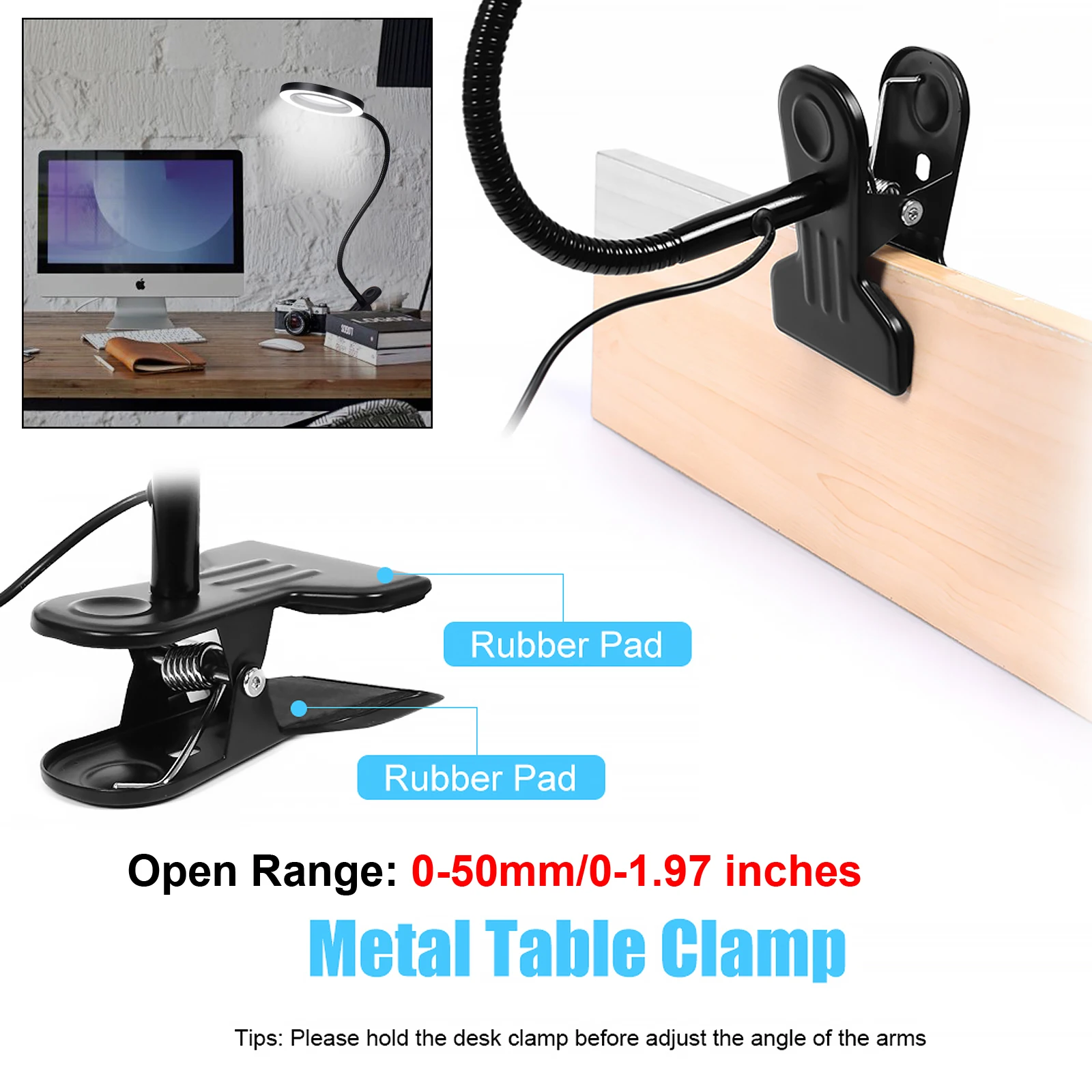 3X-5X Flexible Magnifier USB 3 Colors Lamp Clip-on Table Top Desk LED Reading Large Lens Illuminated Magnifying Glass for Home