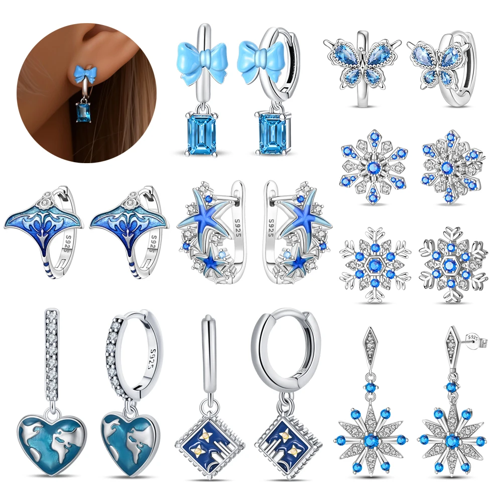 

Blue Series 925 Sterling Silver Snowflake Heart Map City Stamps Stingray Starfish Earrings Artistic Gift Pairing