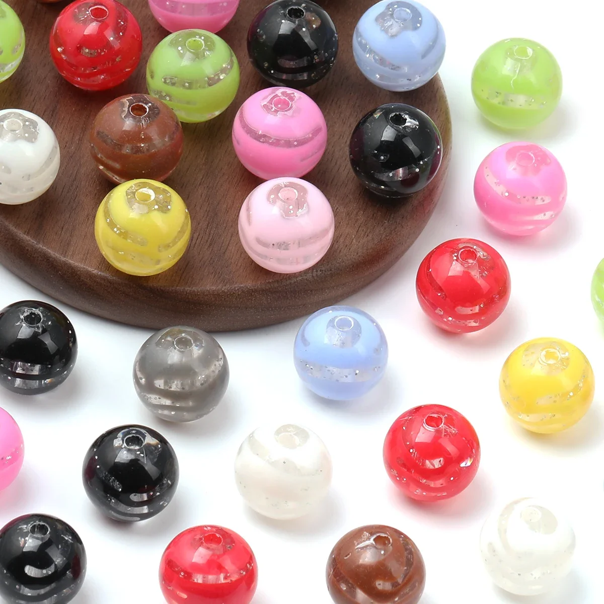 30/60pcs Random Color 16mm Striped Silver Glitter Round Acrylic Loose Beads DIY Decor Pen Bracelet Craft Supplies
