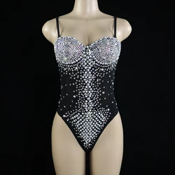 Sexy V Neck Mesh Striped Rhinestones Without Zipper Bodysuit Women Singer Stage Performance Costume Luxurious Pearls Dress