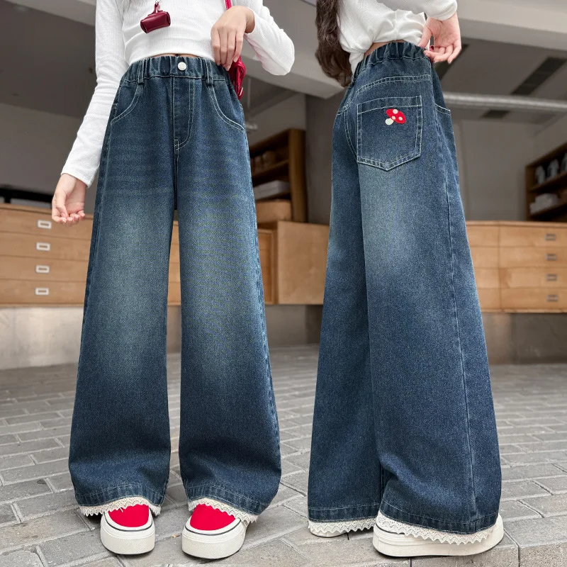 2026 Neue Mädchen-Jeans Gerade Weite Beine Denim-Hosen für Größere Kinder Weiche Baumwollhosen Trendige Loose-Fit Freizeithosen für den Herbst
