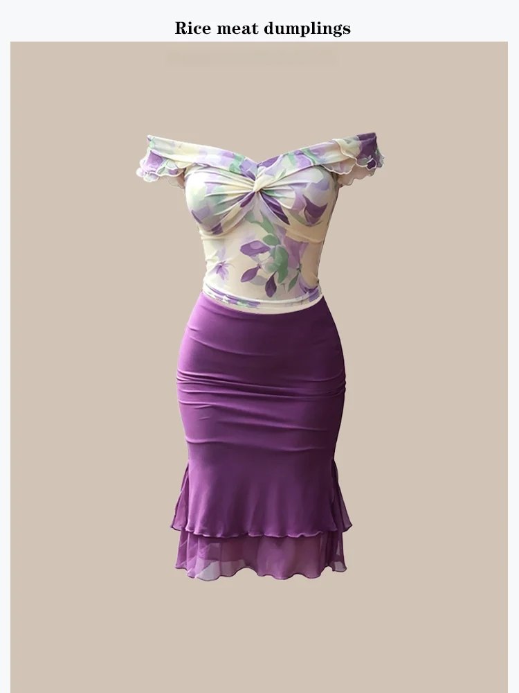 

Romantic Lace Trim One Shoulder Chiffon Top And Mesh Skirt Set Unique Beautiful Double Layer Half Skirt Sexy Summer Outfit