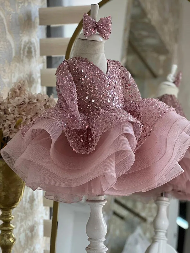 

Princess DressGirls' Princess Dress Pink Sequin Puffy Long Sleeve Children's Formal Dress Cross-border Dropshipping