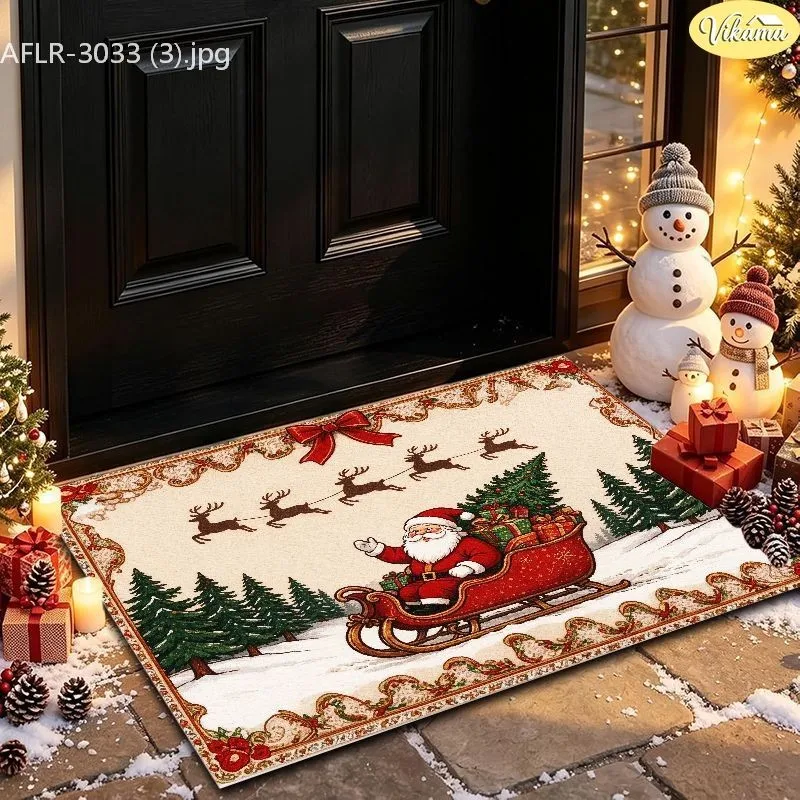 VIKAMA Christmas Doormat, Vintage Santa Sleigh & Flying Reindeer, Snowy Forest Scene, Decorative, Soft Durable, Hallway