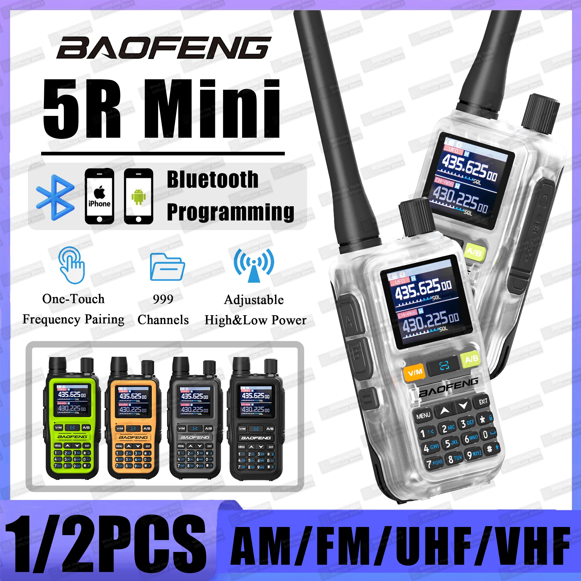 1/2PCS Baofeng 5R Mini Walkie Talkie Multi Bands Dual Watch Dual PTT Bluetooth Programming Type-C Jack Portable Radio Upgrade 5R