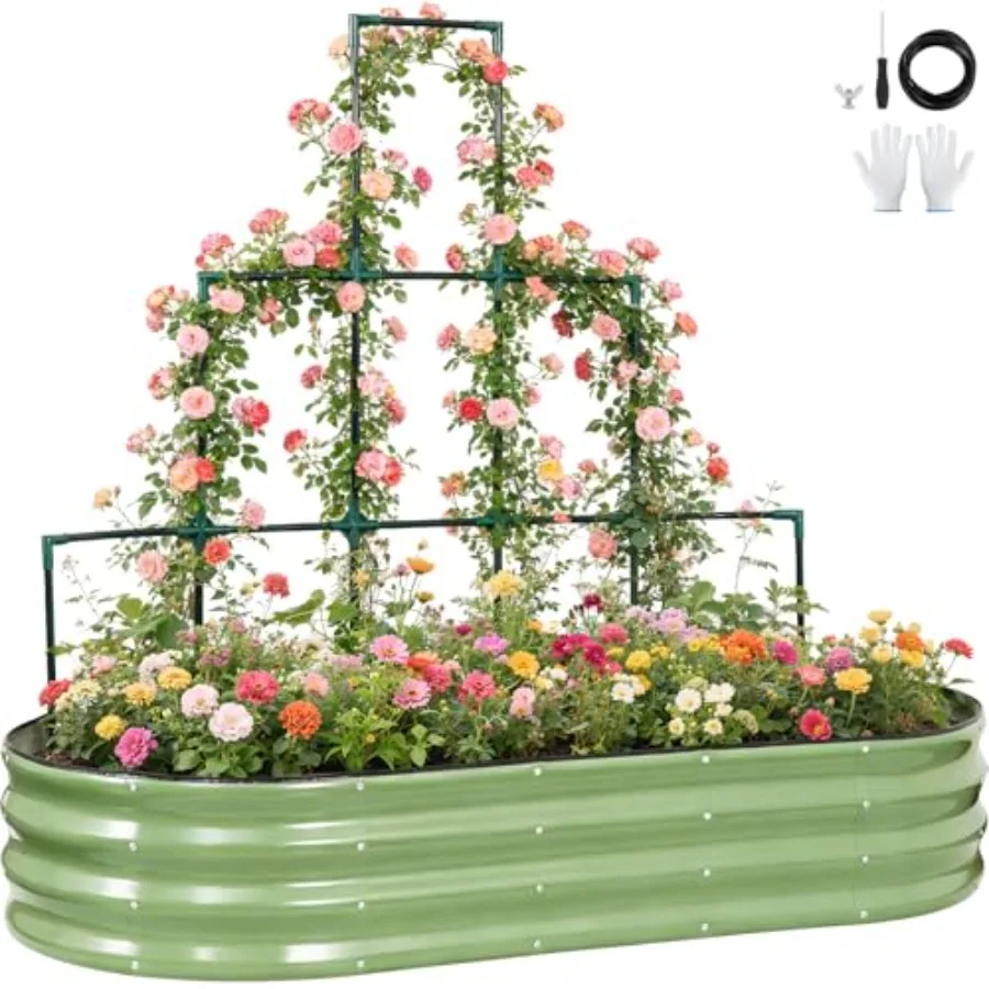 

Galvanized Raised Garden Bed with Wall Trellis 6x3x1FT Metal Raised Garden Beds Outdoor for Gardening Climbing Plants Planter B