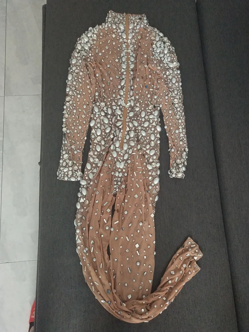 Sexy Transparent Strass Perle Mesh Dünne Overall Bühne Tragen Frauen Geburtstag Abend Party Kristall Trikot Nachtclub Kostüm