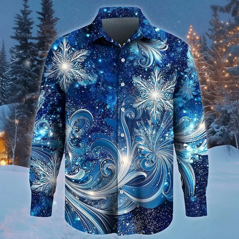 Chemise à manches longues pour hommes, chemise de Costume de noël flocon de neige pour hommes, Streetwear décontracté, confortable, chemises ajustées en Polyester