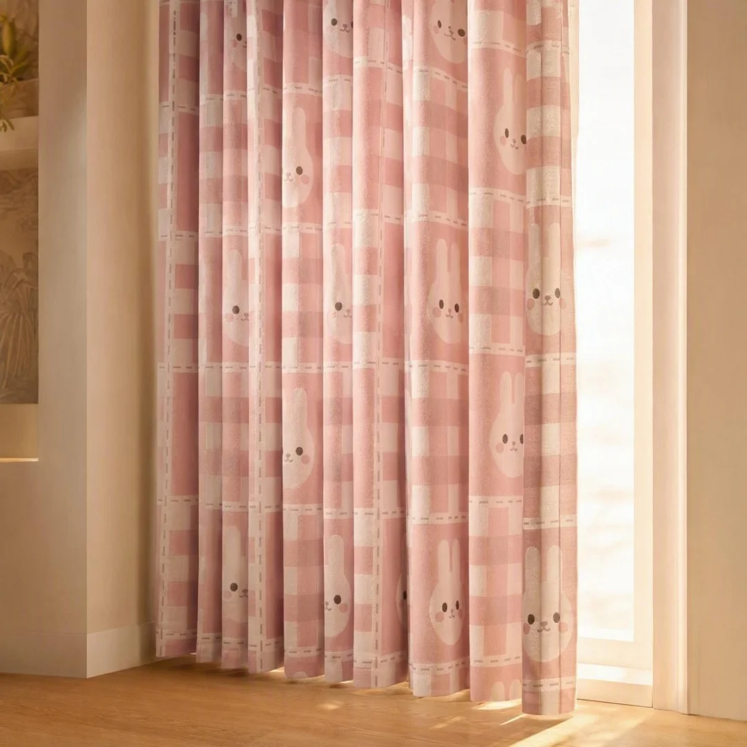 Cute Pink Plaid Rabbit Print Lace Trim Blackout Curtain, Sweet Window Drapes for Girls Kids Bedroom Home Decor