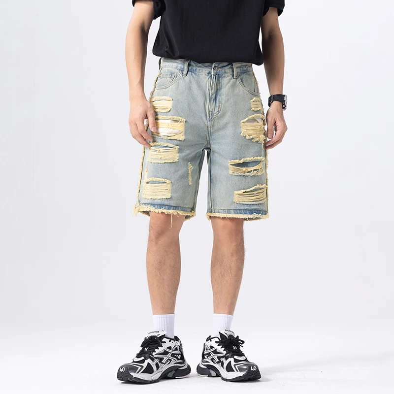 Men High Street Hip Hop Vintage Loose Casual Hole Denim Jeans Shorts Jorts Man Summer Streetwear Short Ripped Jeans Pants