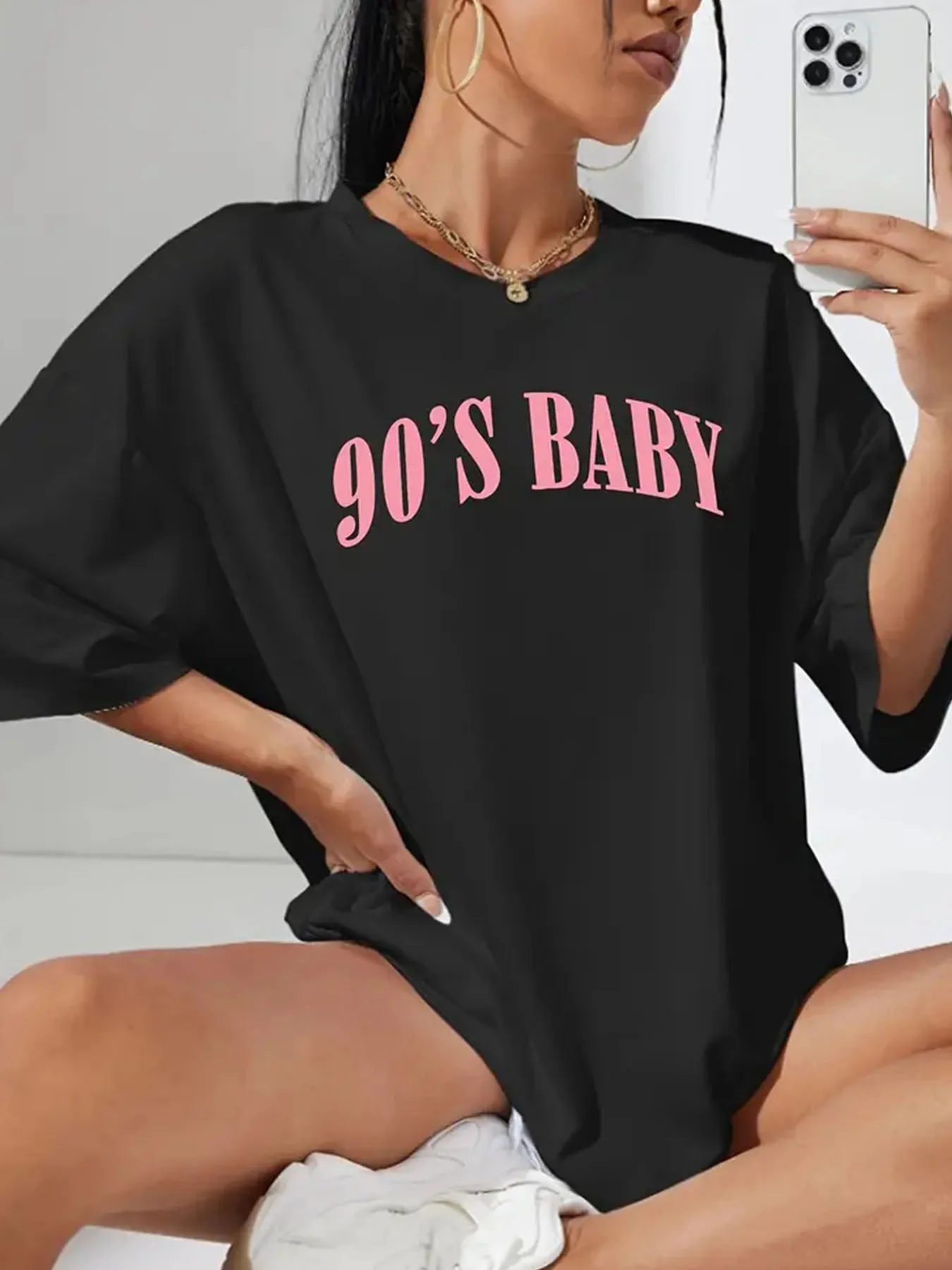 

90s pattern T-shirt for young women - ladies' casual summer short-sleeved T-shirt black with pink letter printing soft for