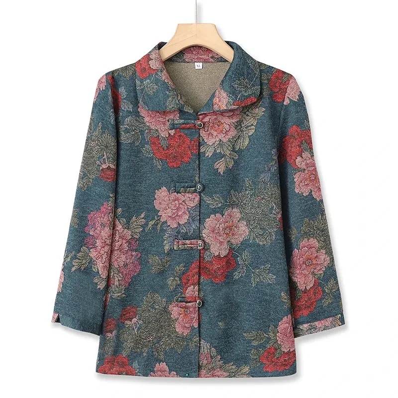 Abrigo de camisa de manga larga para madre de mediana edad, conjunto de blusa y pantalones con estampado de moda, cárdigan, chaqueta 5XL, primavera y otoño