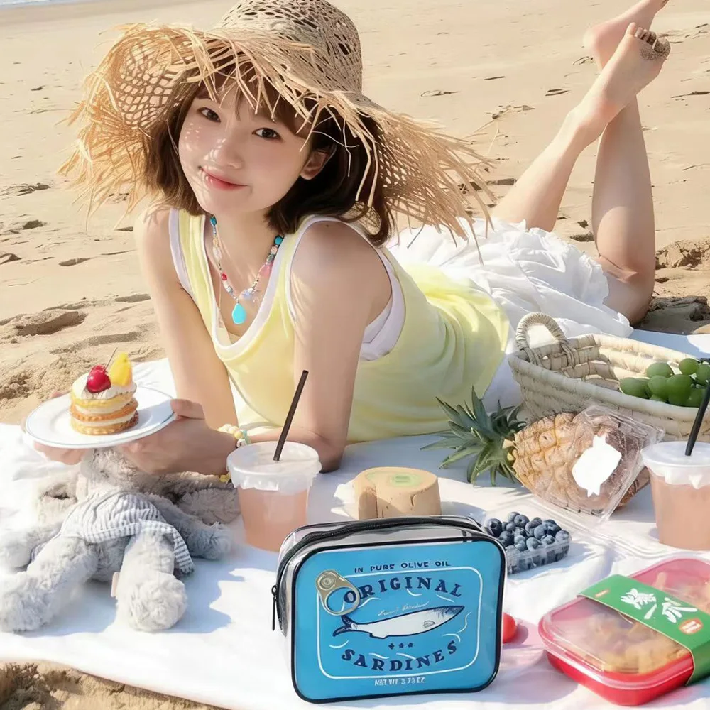 Canned Sardines Women Travel Pvc Cosmetic Bag Cute Toiletry Bag Creative Portable Fashion Zipper Multi-function Weekend Vacation