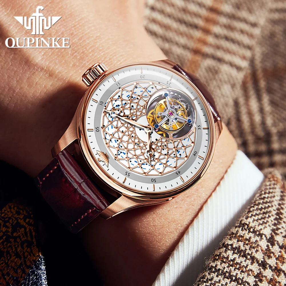 OUPINKE Luxury Tourbillon Watch Mens Sapphire Crystal Leather Band Waterproof Skeleton Automatic Mechanical Watches 2023 Trend