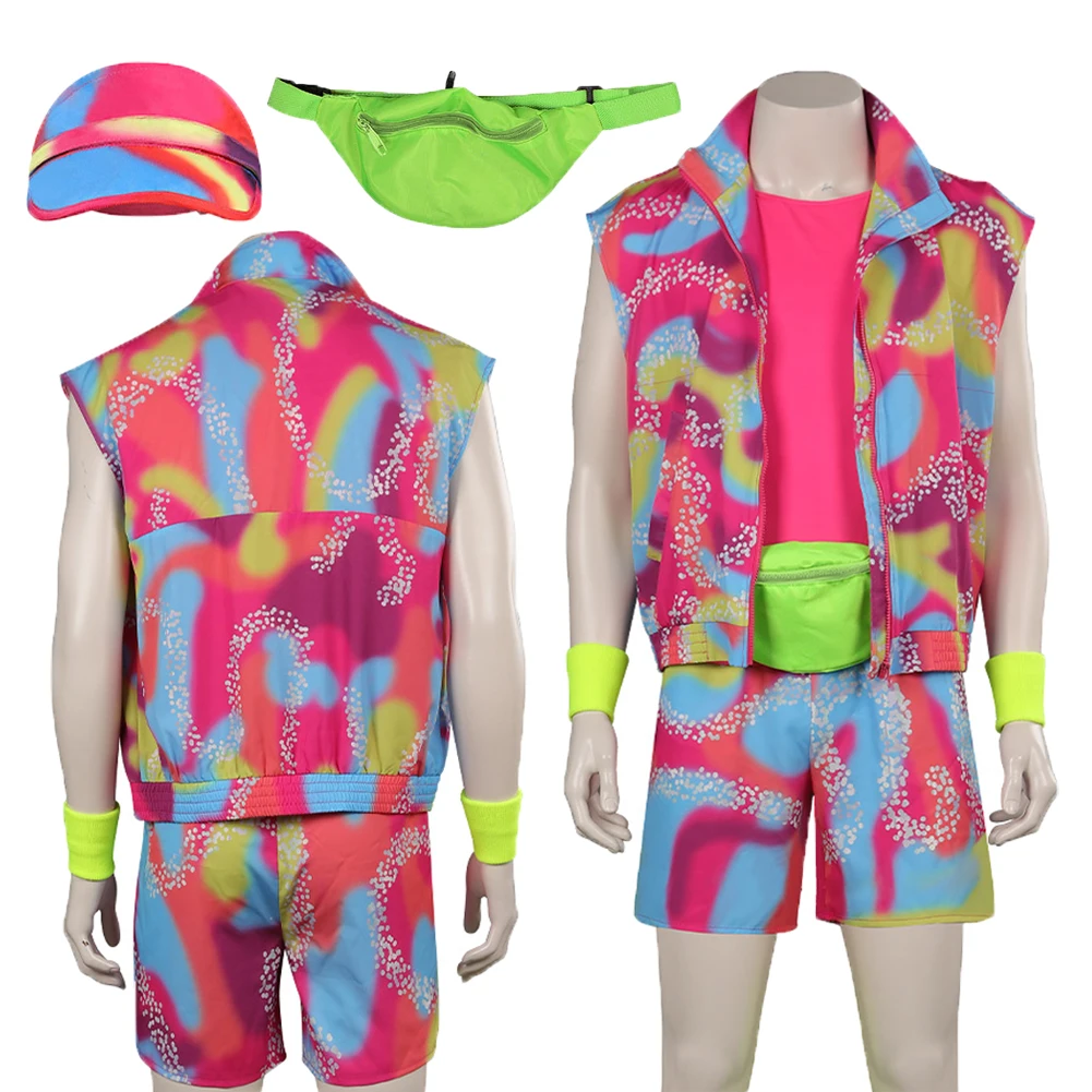 

Movie Barbei Ken Cosplay Pink Costume Suit Hat Bag Sports Clothes Set Outfits Disguise Adult Men Uniform Halloween Carnival