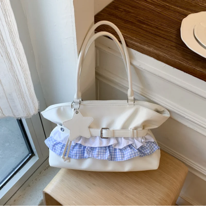 

Ballet Style Tote Bag With Ruffle Trim Women's Large Capacity Casual Shoulder Bag Magnetic Buckle Sweet Cute Commuting Handbag