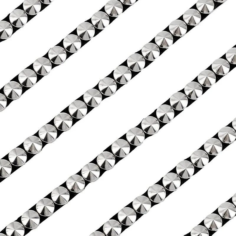2.5 Yards 8mm Hot Fix Nailhead Trim Sliver Metal Iron-on Nailhead Trim with Black PU Leather Base Pyramid Stud Nailhead Applique