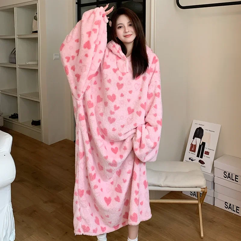 Plus Size Women Winter Thicken Night Dress Sweet Soft Coral Fleece Long Sleeve Hooded Nightgown Loose Sleepwear Home Clothes