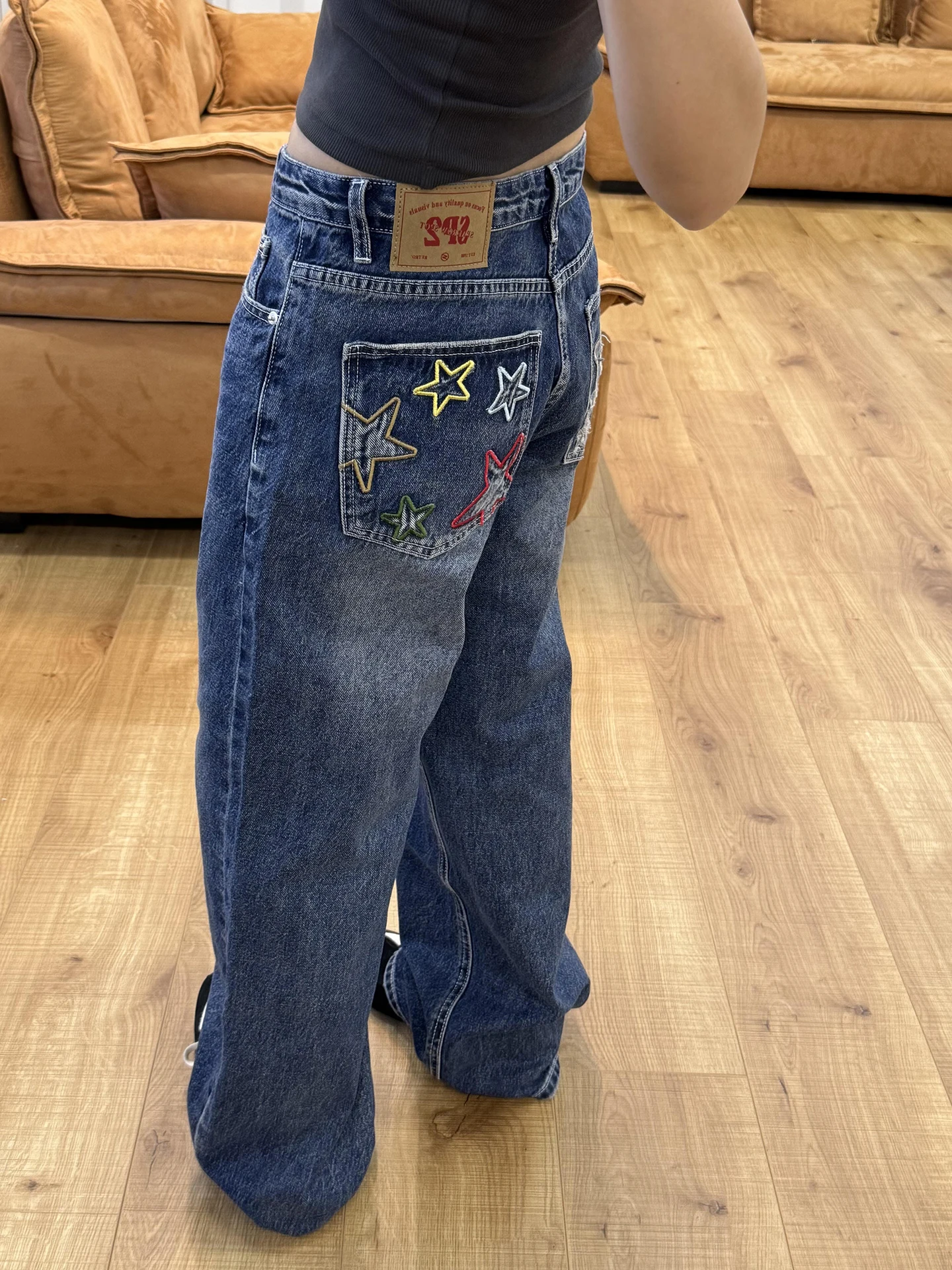 Washed Blue Embroidered Men's Jeans High Waist Loose Fit Autumn Wear Casual High Street Style Wide Leg Pants Vibe