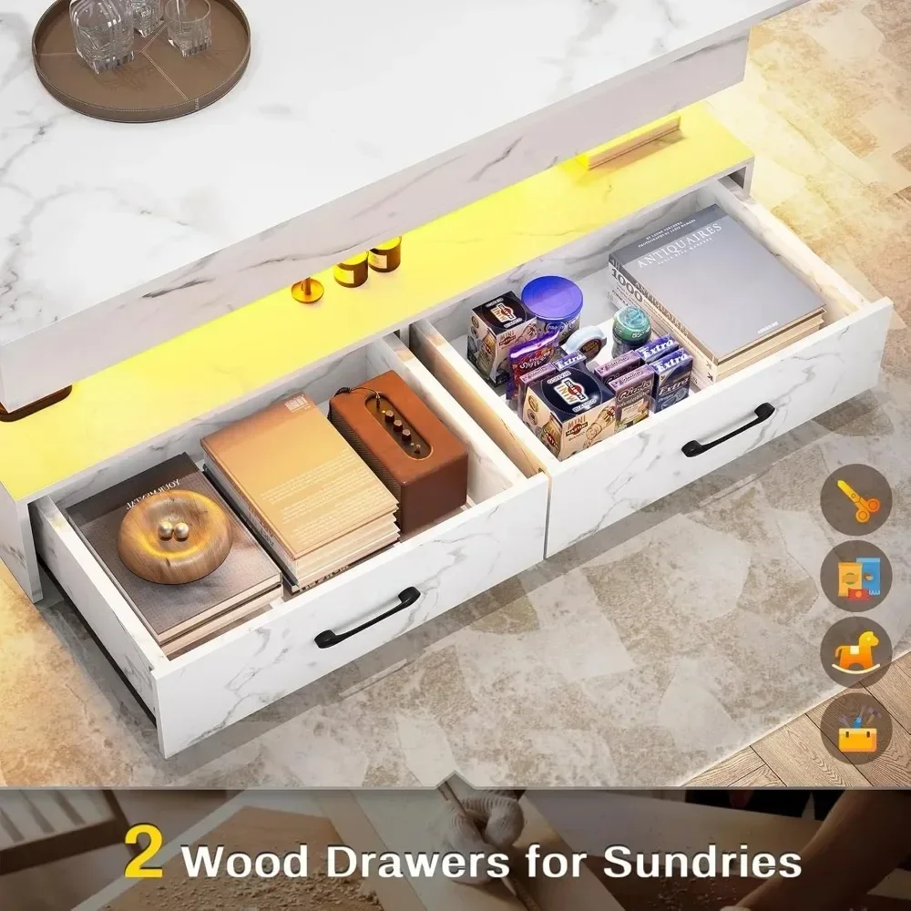 Mesa de centro elevatória de 40 polegadas, mesa de centro da sala de estar com armazenamento, mesa de centro pequena com 2 gavetas e luz LED