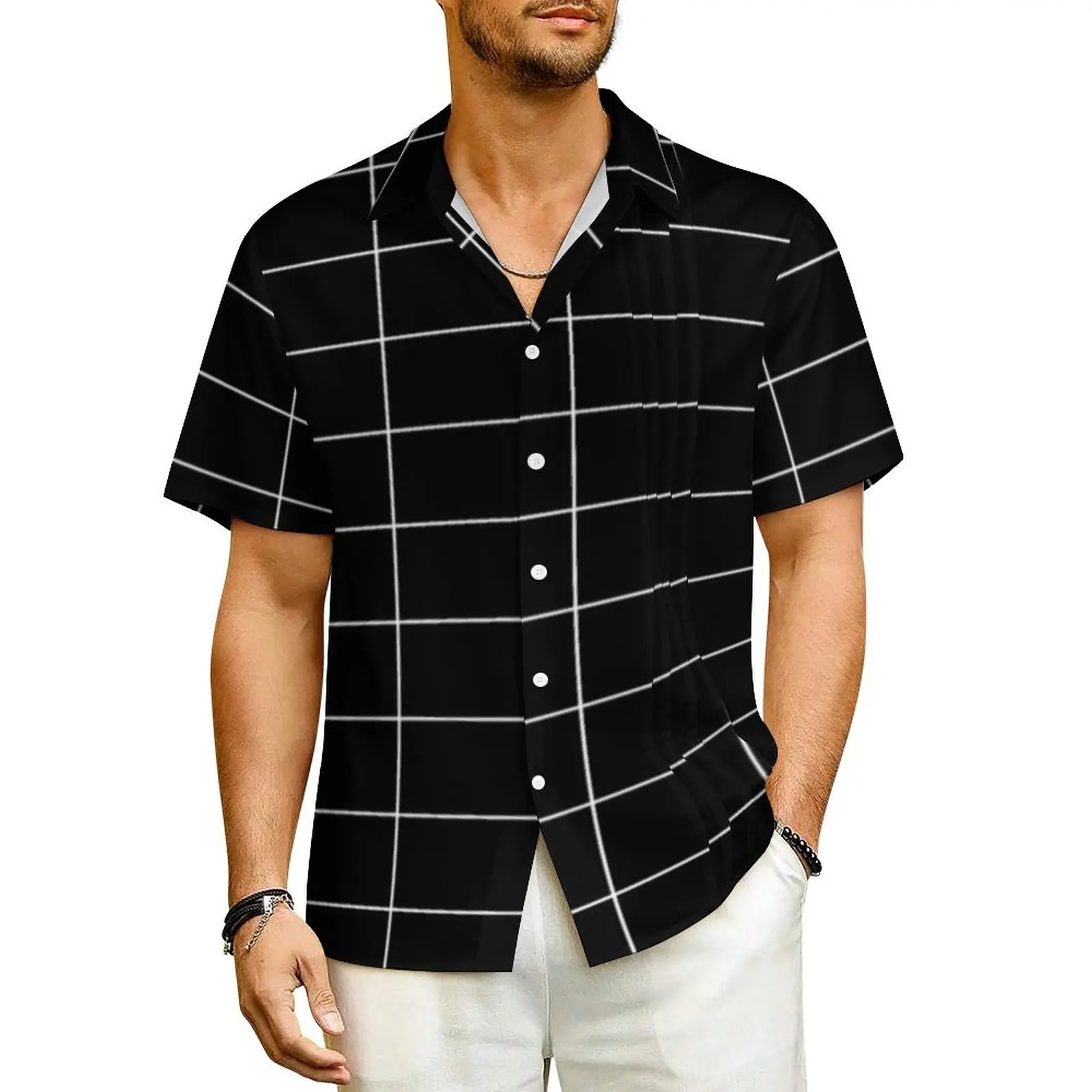 

Vintage Nordic Lines Beach Shirt Long Grid Black Hawaiian Casual Shirts Mens Elegant Blouses Short Sleeve Y2K Graphic Clothing